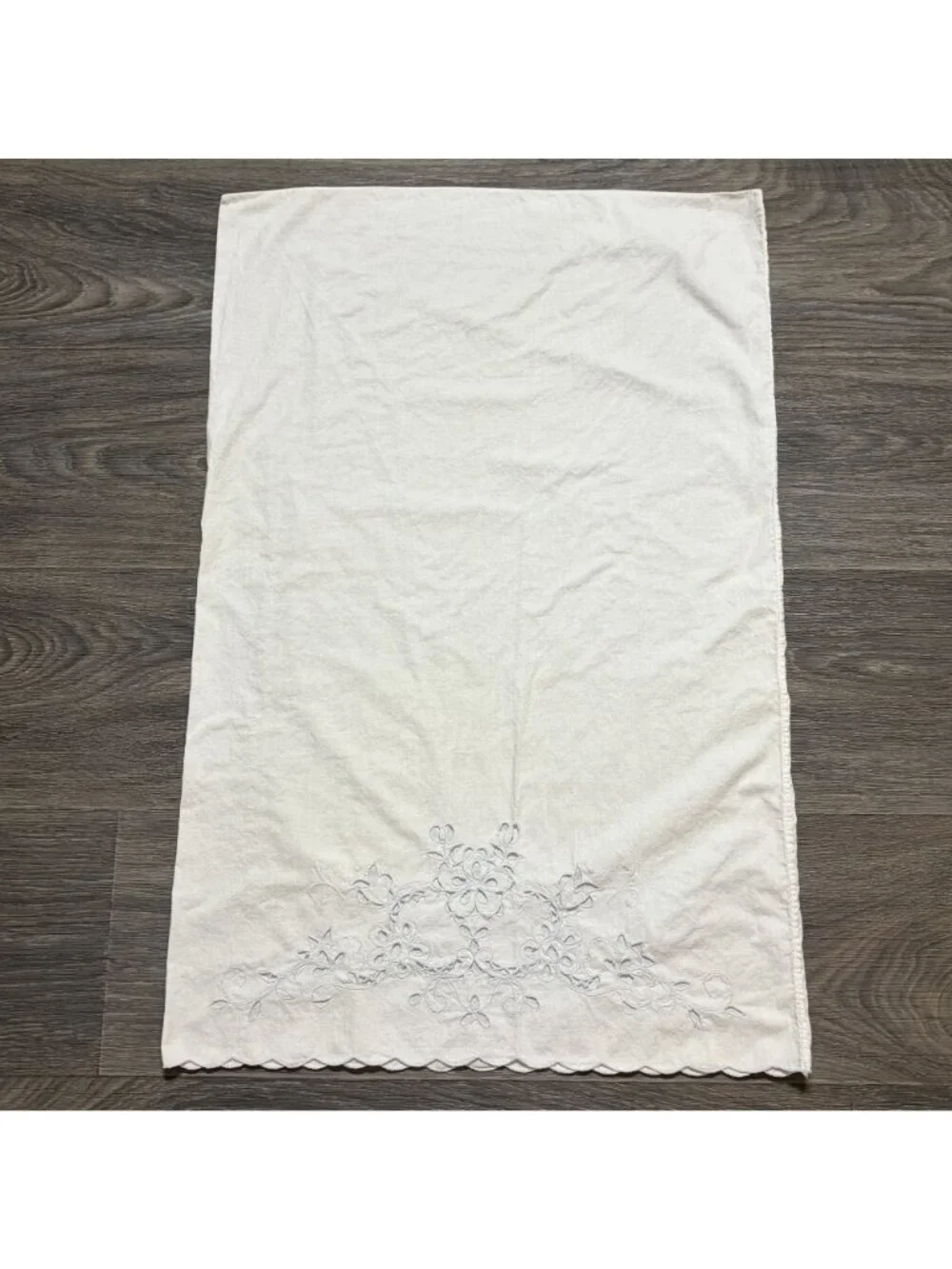 Vintage White Pillowcase Scalloped Edge Floral Embroidery Standard Queen Set of